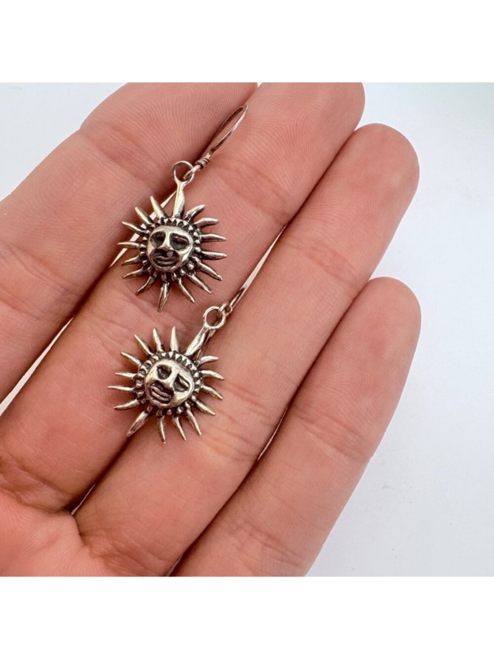 Smiling Sun Design Sterling Silver 925 Dangle Earrings Size 1.25" Length - Picture 7 of 9